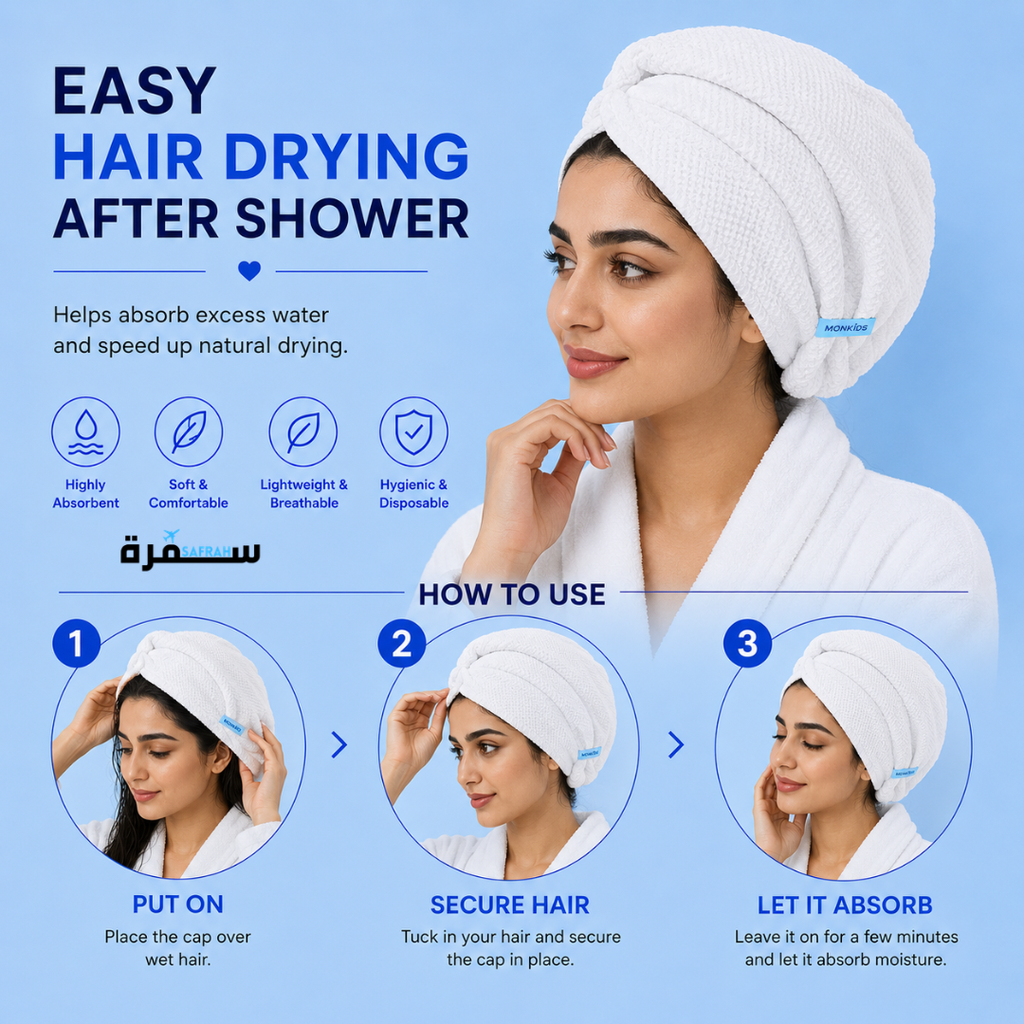 Perfect size hair drying cap - 75cm x 28cm unfolded, 20cm x 13cm packaged